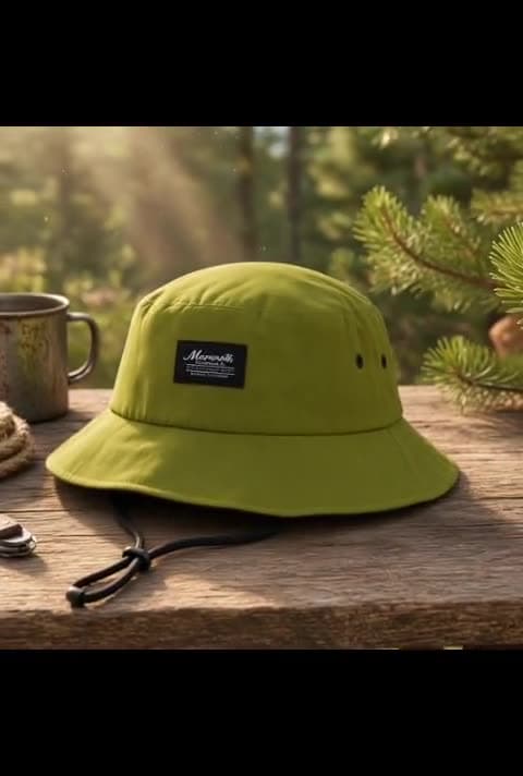 Product video: an olive bucket hat on a log in a sunlit pine forest