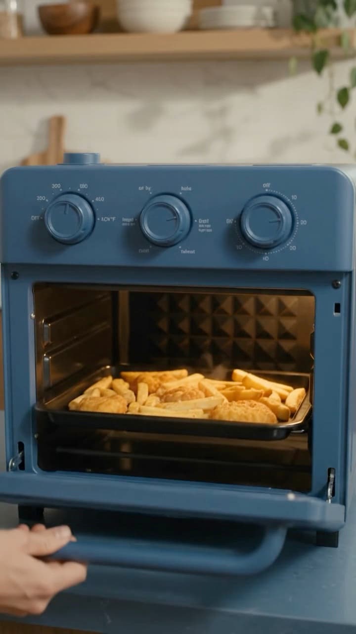 UGC-style ad: fries going into a blue countertop air-fryer oven